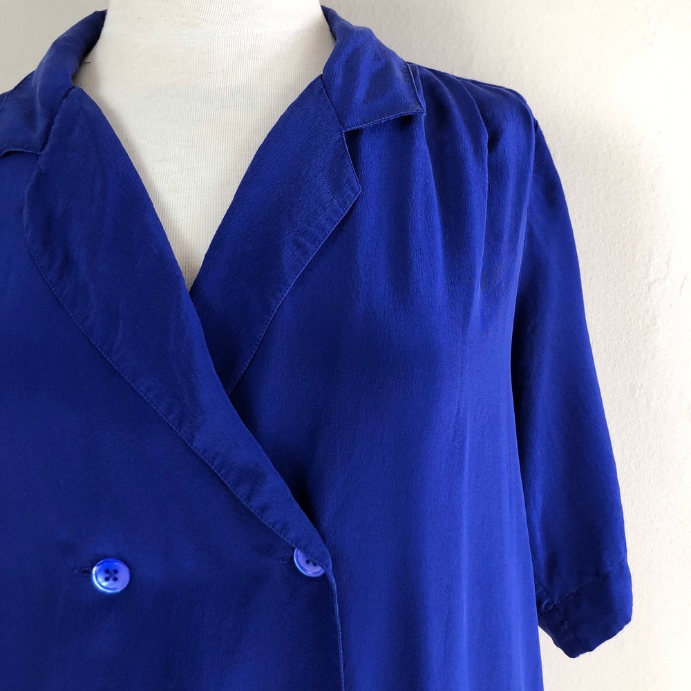 vintage 90s cobalt blue silk shirt dress midi double breasted minimalist - Picture 5 of 10